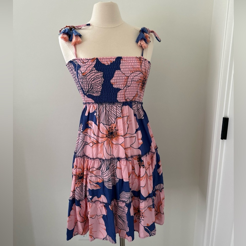 MAAJI size S Smocked Tiered Mini Dress Tassel Shoulder Ties Hibiscus Print